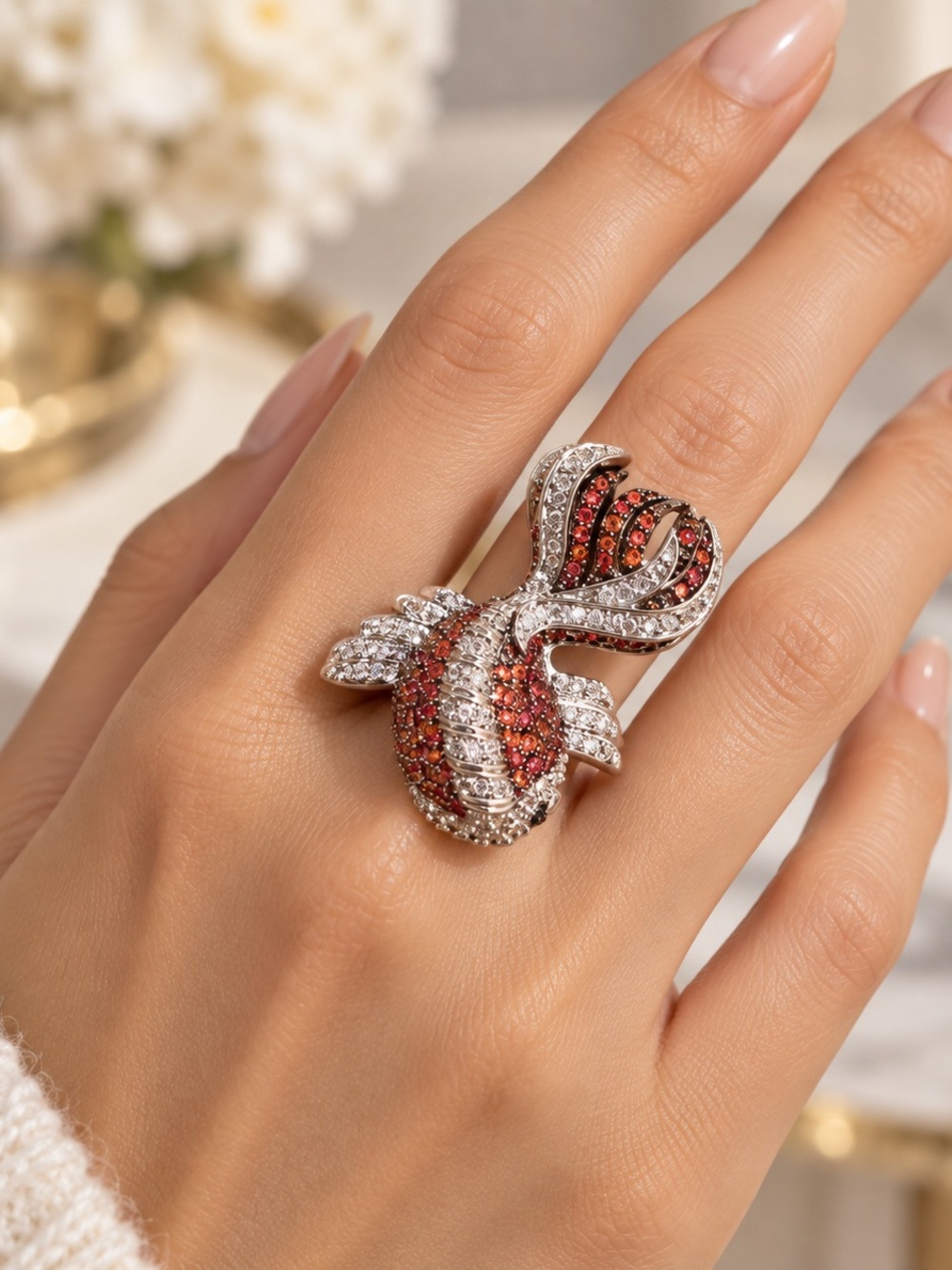 nOir NYC Red Orange Crystal Fish Statement Ring Size 6 NWT